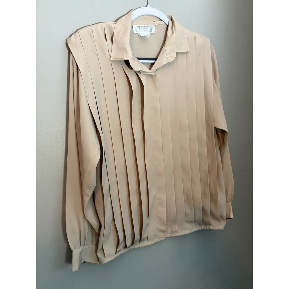 VTG La Fleur Pleated Blouse Peach Tan Nude Long Sleeve Secretary Shirt Top Sz 12